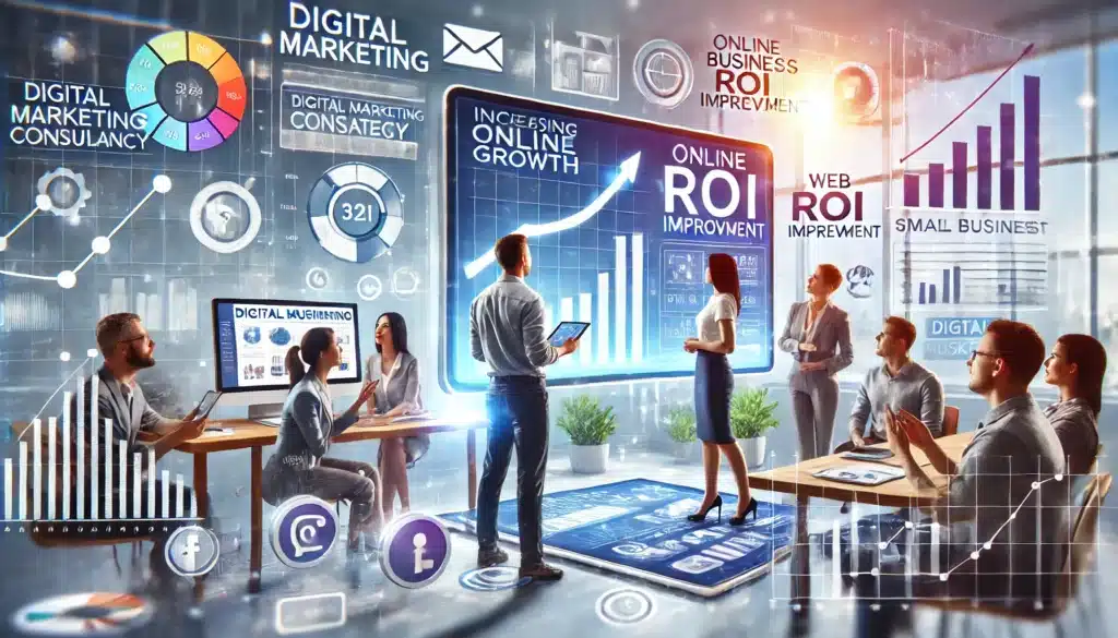 Esta imagem representa Consultoria de Marketing Digital para Pequenas Empresas, destacando a interação entre um consultor e empresários em um ambiente moderno. Elementos visuais como gráficos de ROI, dispositivos móveis e estratégias digitais reforçam o tema central de aumentar a presença online e otimizar resultados para pequenos negócios. Ideal para conteúdos que abordam marketing digital, crescimento de pequenas empresas, estratégias de SEO, aumento de tráfego online e engajamento nas redes sociais. A imagem reflete inovação, colaboração e a importância de uma consultoria especializada para maximizar o retorno sobre o investimento (ROI).