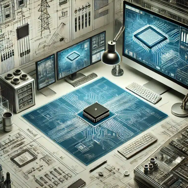 Imagem destacando o processo de Automação de Design Eletrônico (EDA), mostrando uma estação de trabalho moderna com múltiplos monitores exibindo esquemas de circuitos, simulações e layouts de PCB em um ambiente de laboratório de alta tecnologia.