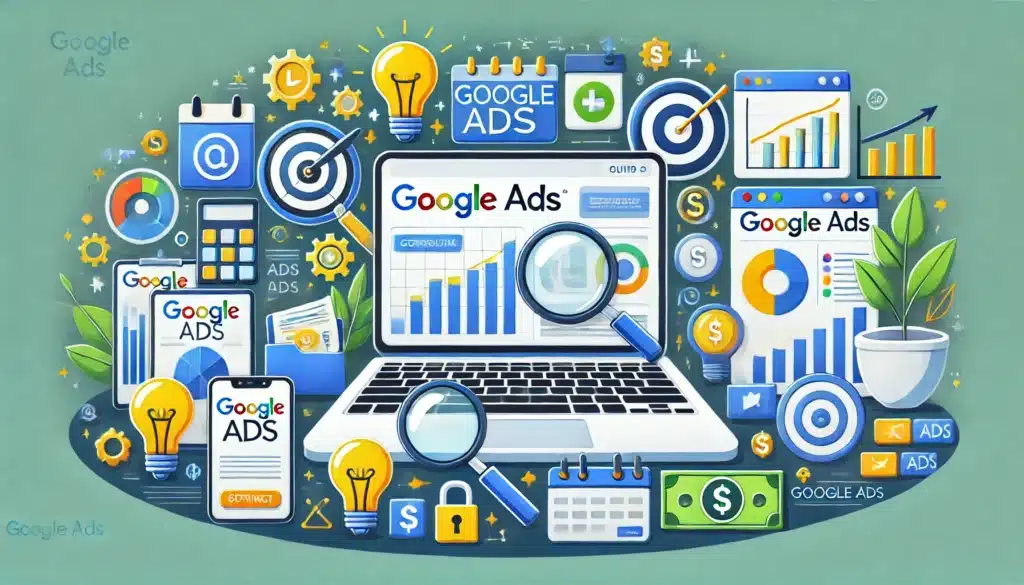 Ilustração digital de um guia sobre Google Ads com um laptop exibindo o painel de controle do Google Ads, mostrando métricas de campanha e gráficos. Ao redor do laptop, ícones de elementos de marketing como lupa, lâmpada representando ideias, alvo para simbolizar metas e ícones de dinheiro para otimização de orçamento. Elementos modernos como um smartphone com notificações e ícones de redes sociais, em uma paleta de cores vibrante e profissional com tons de azul, verde e amarelo, destacando o aprendizado e a eficácia no marketing digital.