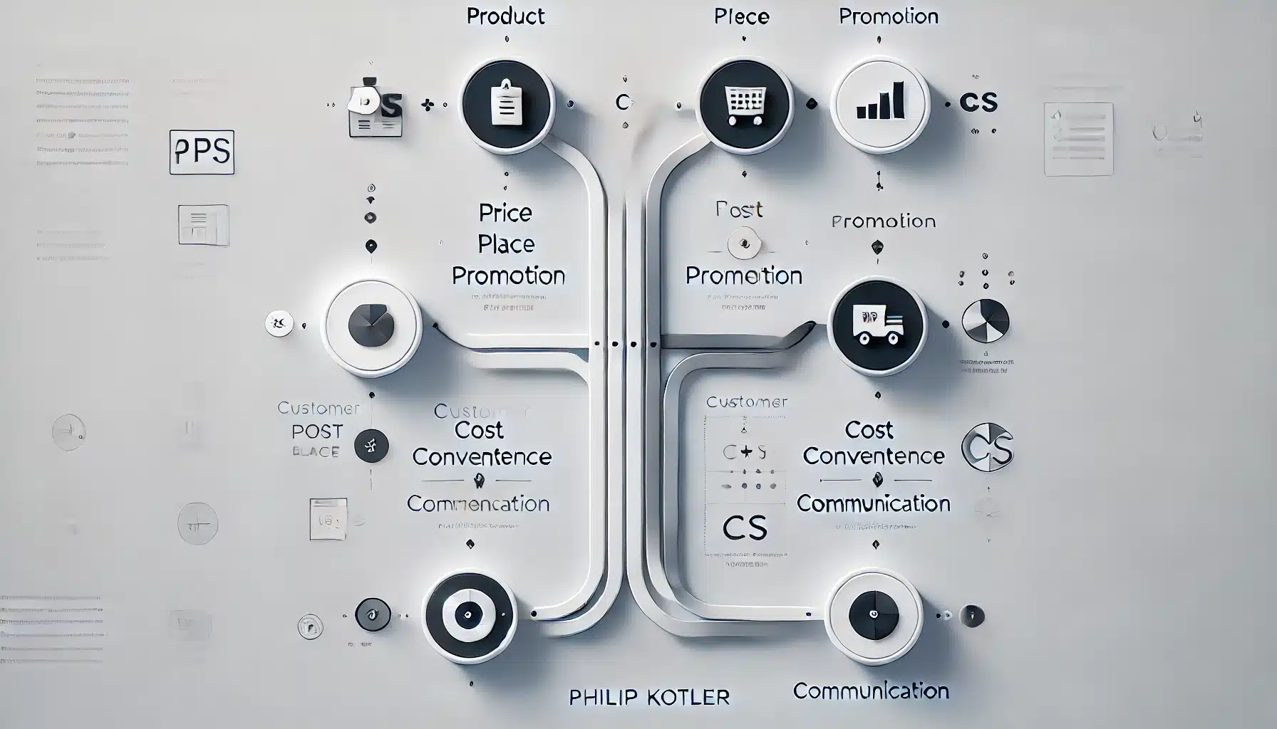 Gráfico ilustrando os 4 C de Philip Kotler: Cliente, Custo, Conveniência e Comunicação no contexto de estratégias de marketing