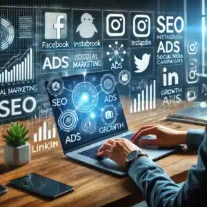 Gráfico representando o crescimento empresarial ao trabalhar com marketing digital, mostrando o uso de estratégias como SEO, redes sociais e marketing de conteúdo."