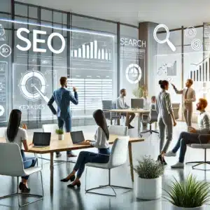 Equipe colaborando em um ambiente moderno de escritório, trabalhando em estratégias de SEO com gráficos e análises projetados em grandes telas, representando uma empresa de SEO