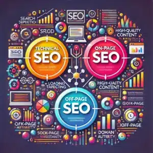 Infográfico colorido sobre os 3 pilares básicos do SEO, destacando SEO Técnico, SEO On-Page e SEO Off-Page, com gráficos e ícones explicando cada conceito.