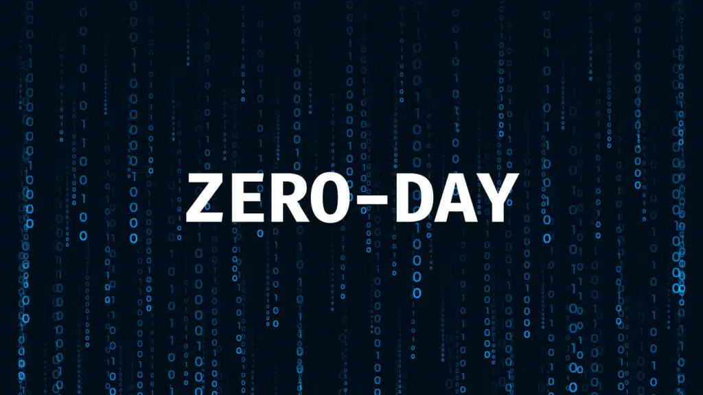 A imagem apresenta a palavra "ZERO-DAY" em destaque, com um fundo digital composto por uma série de números binários (0 e 1) caindo em cascata, lembrando uma "chuva" de código. A cena transmite uma atmosfera de segurança cibernética e tecnologia, representando o conceito de vulnerabilidades Zero-day, que são falhas de segurança desconhecidas que podem ser exploradas por atacantes antes que os desenvolvedores tenham uma chance de corrigí-las.