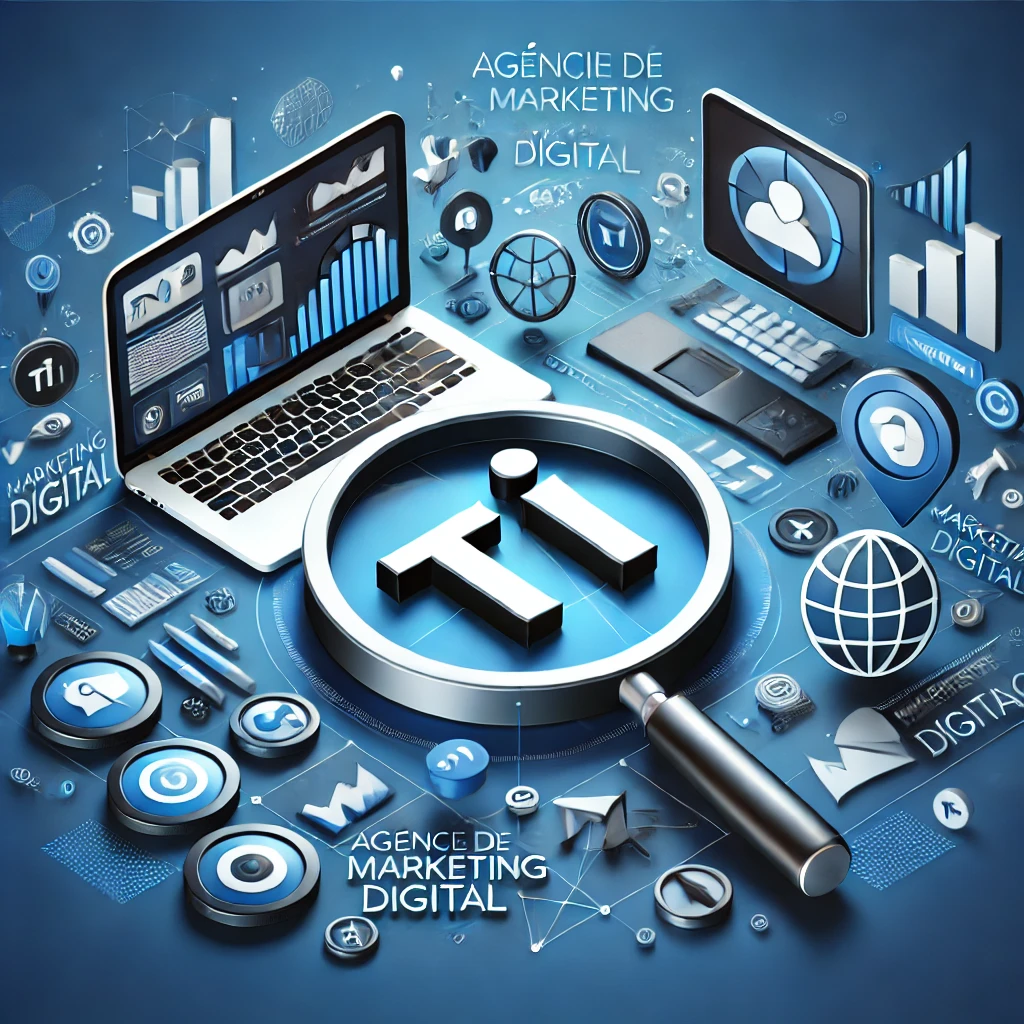 Arte digital em tons de azul, branco e cinza, destacando uma agência de marketing digital. O design central apresenta uma lupa ampliando as letras "TI", enquanto ao redor há laptops, gráficos de barras, globos e ícones representando mídia social e estratégias digitais. O fundo limpo, com padrões geométricos leves, simboliza inovação, tecnologia e a atuação profissional de uma agência de marketing digital.