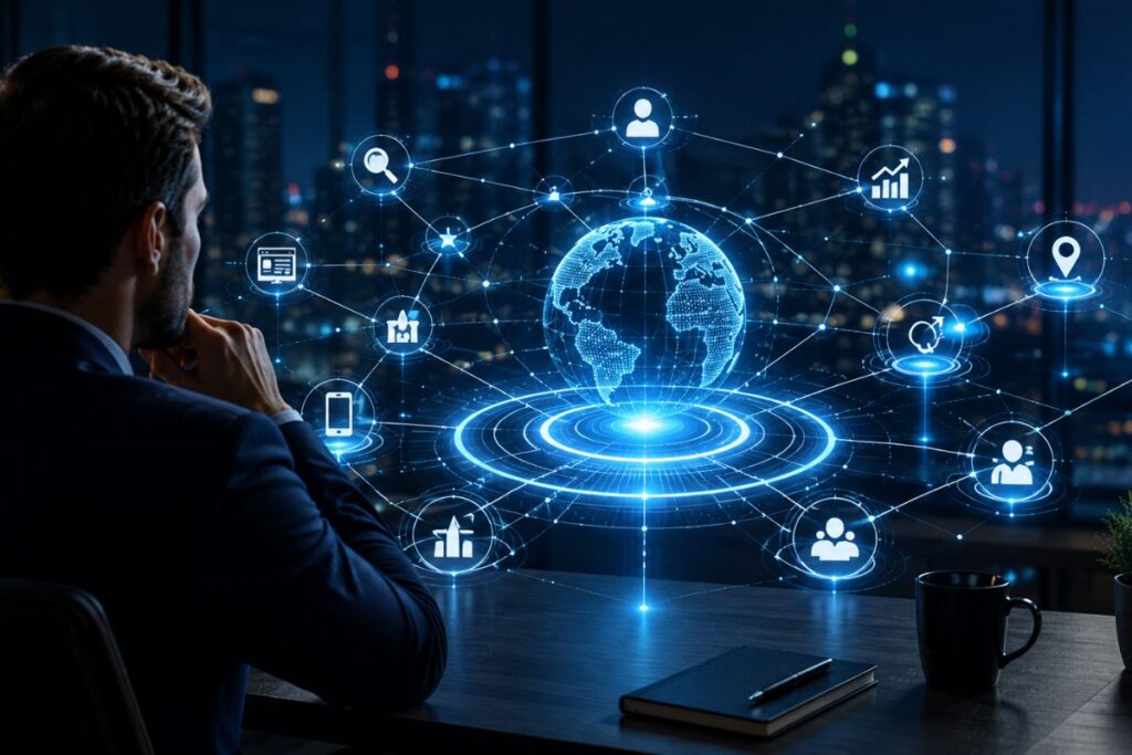 Infraestrutura digital empresarial e ecossistema de autoridade conectando múltiplos canais digitais