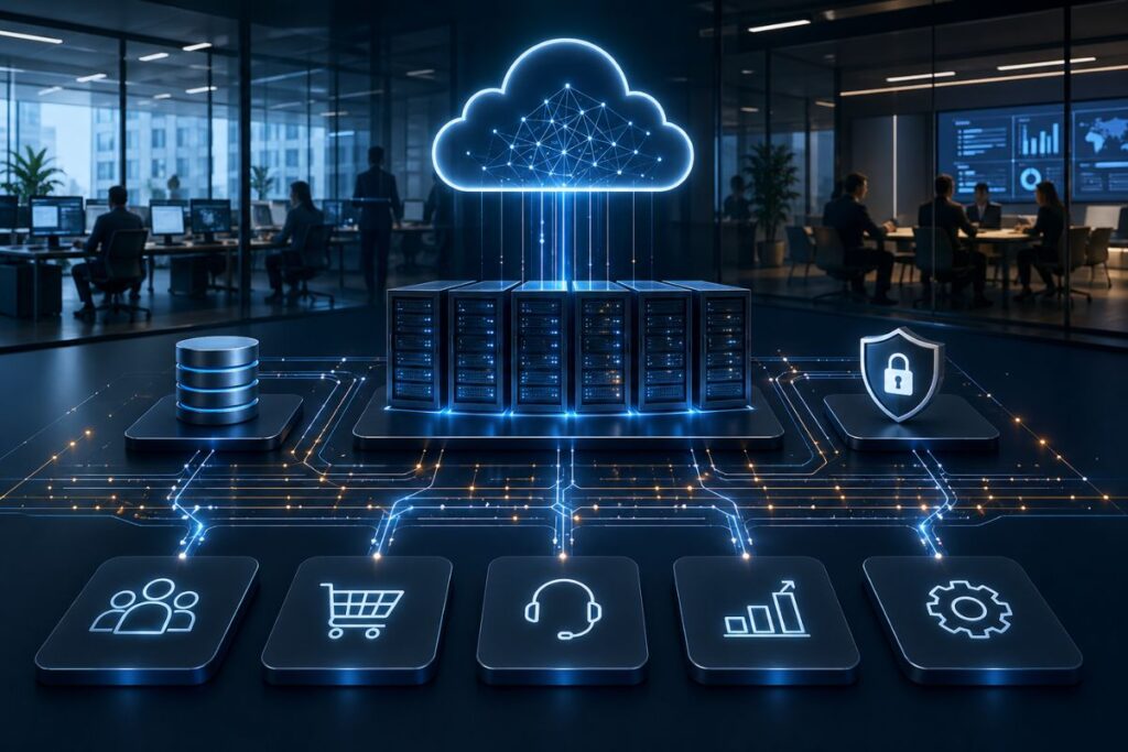 infraestrutura digital empresarial como base digital com sistemas integrados e fluxo de dados entre áreas da empresa