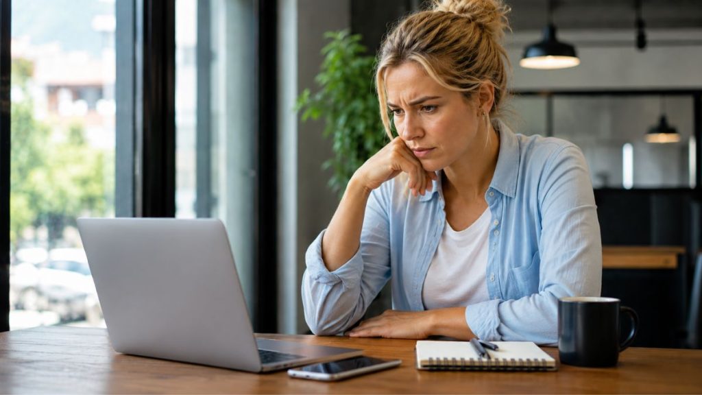 Mulher loira concentrada em frente ao notebook pesquisando site GPT gratuito em um ambiente moderno de trabalho.