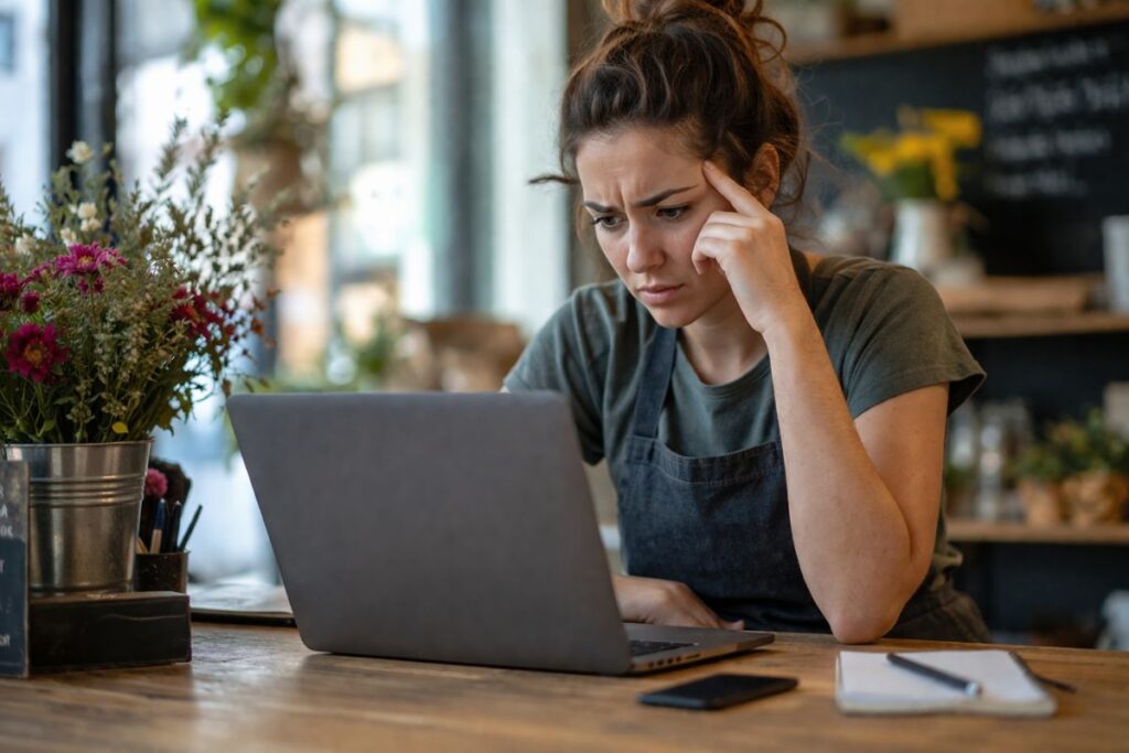 empresaria preocupada verificando postagens Google Meu Negócio no notebook dentro de loja comercial