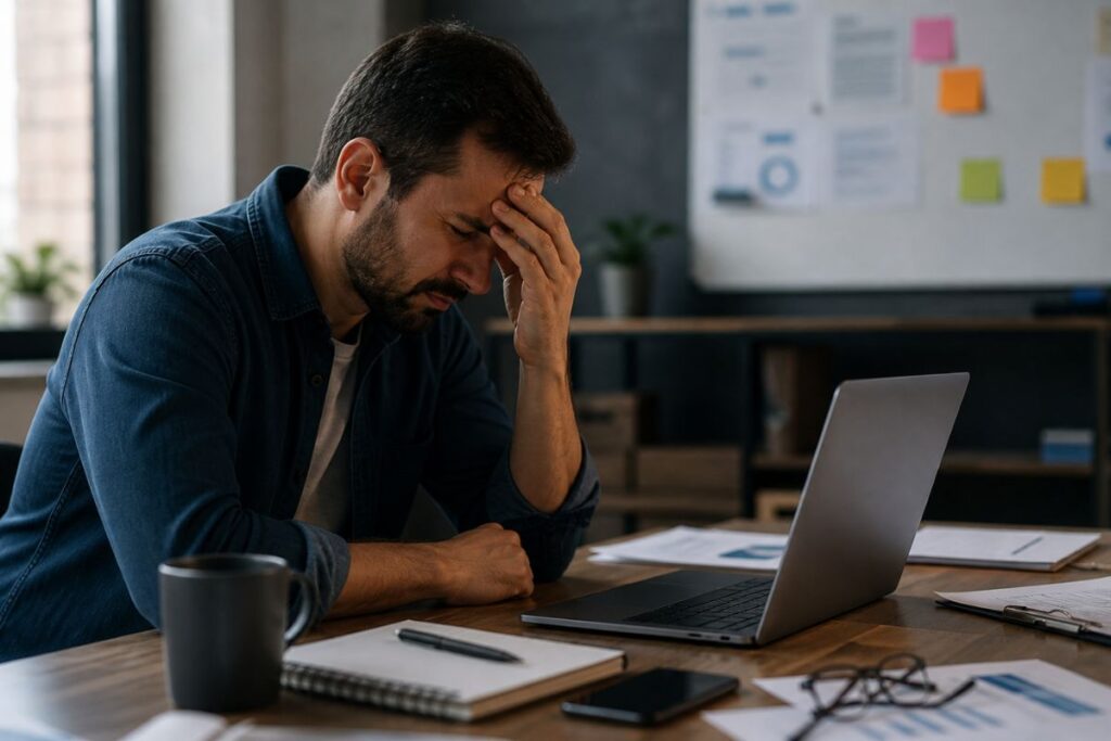 empresário frustrado analisando problemas no cadastro da empresa no Google