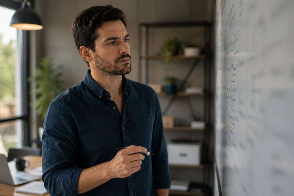 Empreendedor analisando ideias em quadro branco em escritório moderno, com expressão focada e leve preocupação, representando testes e otimização no growth marketing