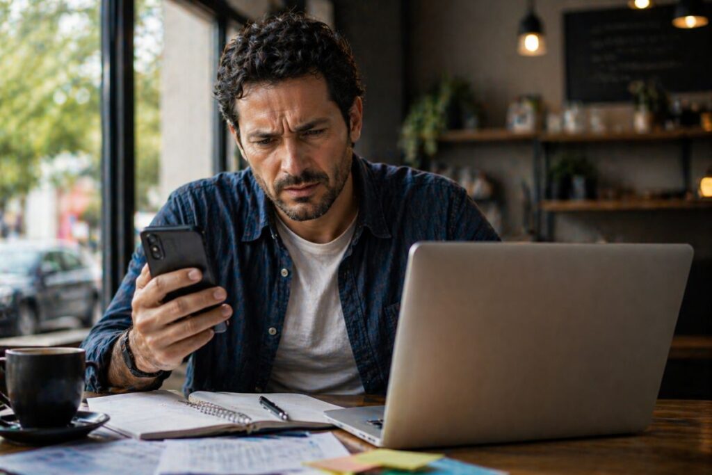 Empresário confuso comparando celular e laptop ao perceber que sua empresa não aparece no Google para outros usuários