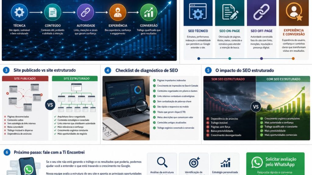 Infográfico sobre SEO do site mostrando técnica, conteúdo, autoridade, experiência, conversão, diagnóstico e crescimento orgânico