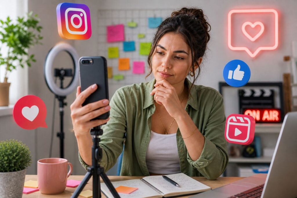 mulher planejando e gravando conteúdo para reels no Instagram com celular e ambiente criativo