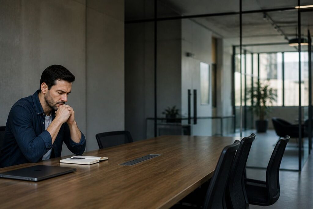 Monetize digital ecosystem concept: business owner sitting alone at large meeting table, reflecting with concerned expression, minimal office space with strong negative space, symbolizing transition from authority to revenue in a structured digital system