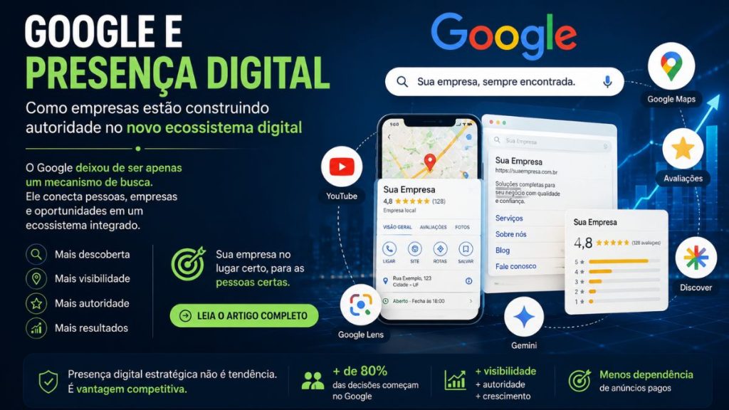 Google e presença digital mostrando Search, Maps, avaliações, Discover e inteligência artificial conectados ao crescimento das empresas. Profissional de tecnologia em ambiente moderno