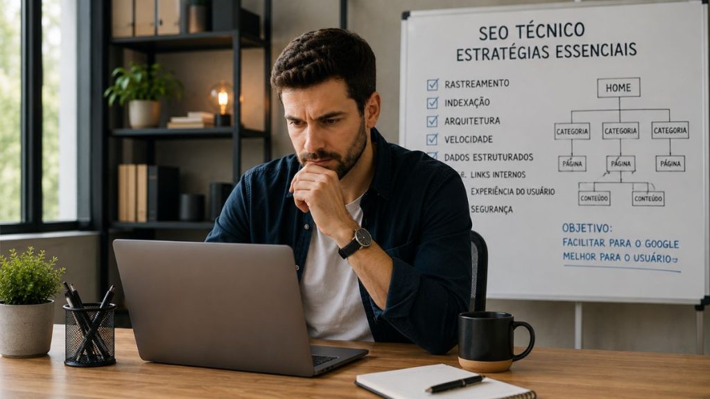 Análise de estratégias essenciais de SEO técnico com arquitetura do site, sitemap, velocidade, indexação, canonical e dados estruturados
