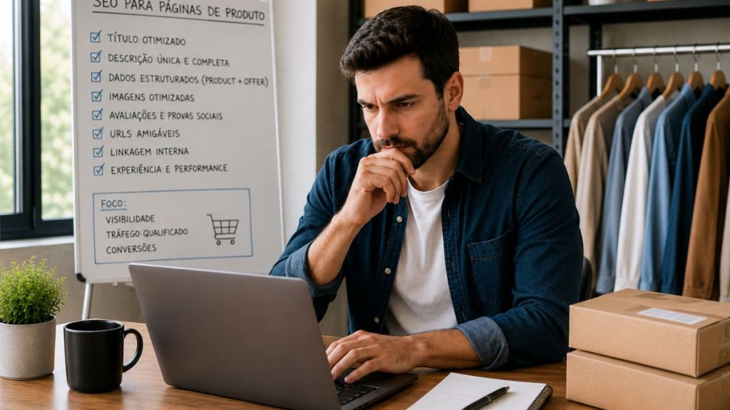 Análise de SEO para páginas de produto em e-commerce com título, descrição, imagem, preço, dados estruturados e desempenho no Google
