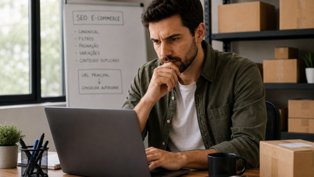canonical em e-commerce, Análise técnica de canonical em e-commerce com URLs duplicadas, categorias, filtros e páginas de produto em uma loja virtual