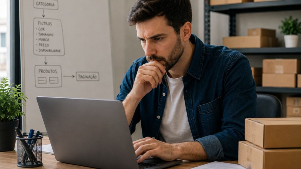 Estrutura técnica de e-commerce com filtros, facetas, paginação, URLs duplicadas e análise de SEO para loja virtual Legenda curta: Filtros e facetas precisam de controle técnico para não prejudicar o crescimento orgânico da loja.
