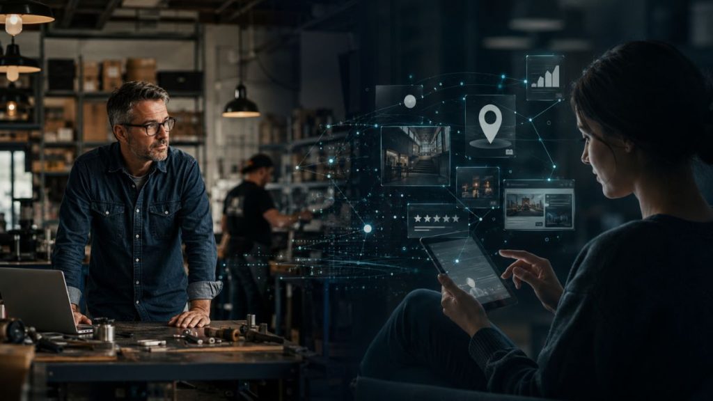 Nova jornada de compra mostra empresa física conectada à presença digital e pesquisa online.